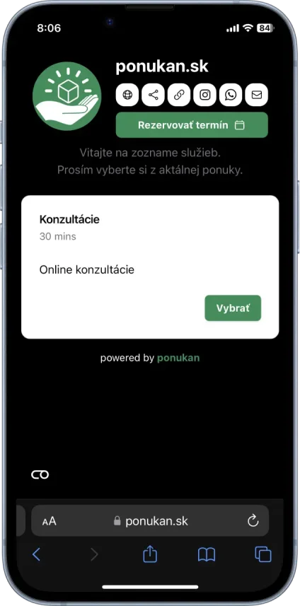 Ukážka rezervačnej stránky na mobile